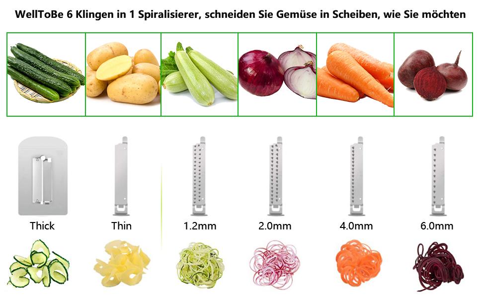 WellToBe CS 668 спіралізатор: ручний спіральний овочевий слайсер з 6 лезами та 4 присосками для приготування пасти, спіралей з овочів (морква, огірок, картопля, кабачок, гарбуз) з нержавіючої сталі
