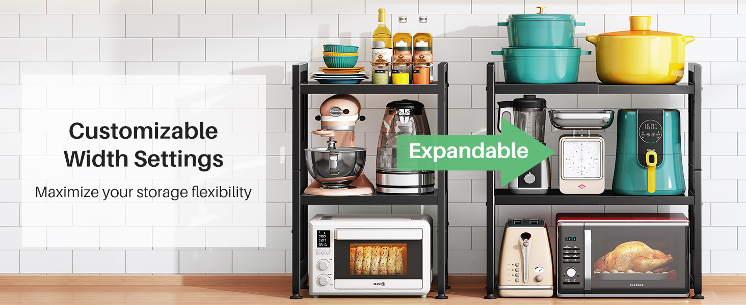 Стійка для мікрохвильової печі SAYZH, 2-рівнева розширювана, з 10 гачками, чорна