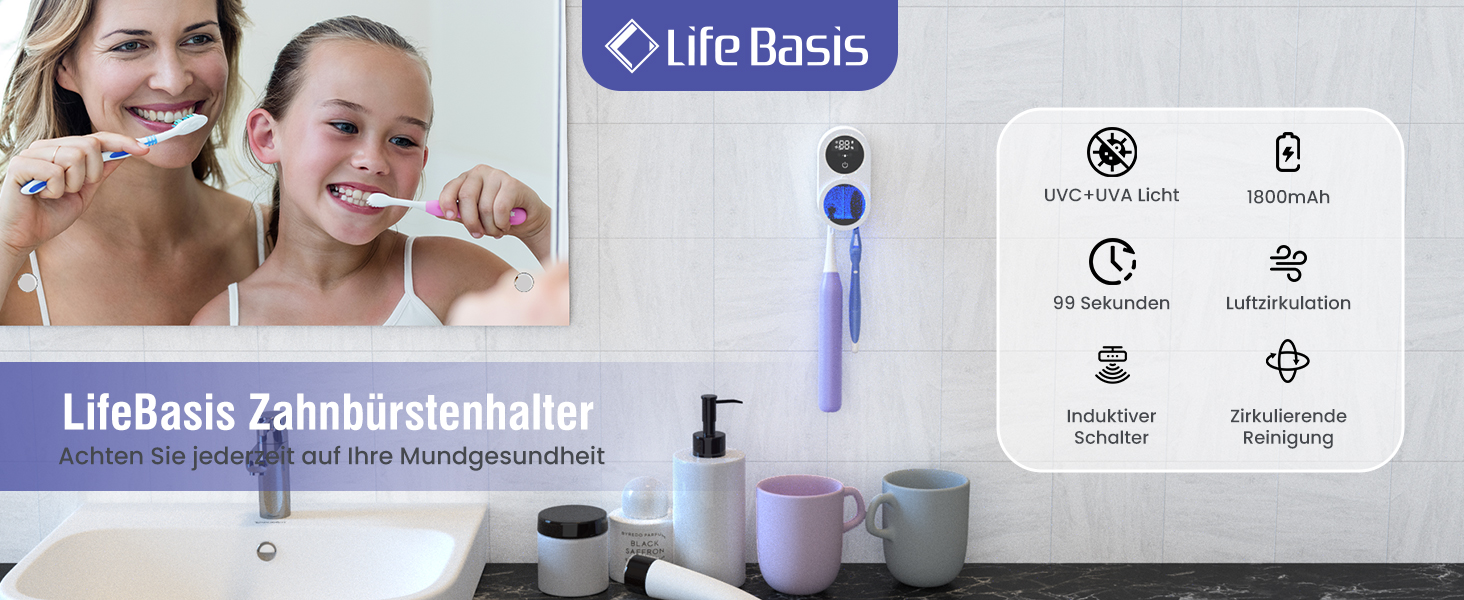 Тримач для зубних щіток LifeBasis з UVC та UVA дезінфекцією, автоматичним сенсором, функцією сушіння повітрям та дисплеєм, настінний стерилізатор для 2 щіток
