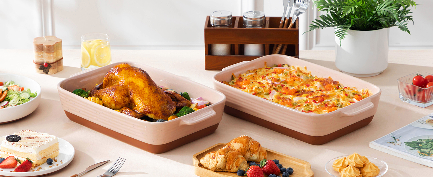 Форма для запікання MALACASA Serie TARA, 4.5л, кераміка, рожева, 35*23.8 см | Для лазаньї, тірамісу та запіканок