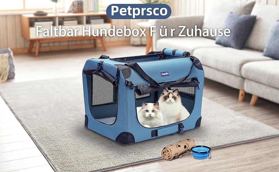 Транспортний бокс для тварин Petprsco з м'якими стінками, 3-дверний, для котів та маленьких собак, блакитний, 60x42x42 см