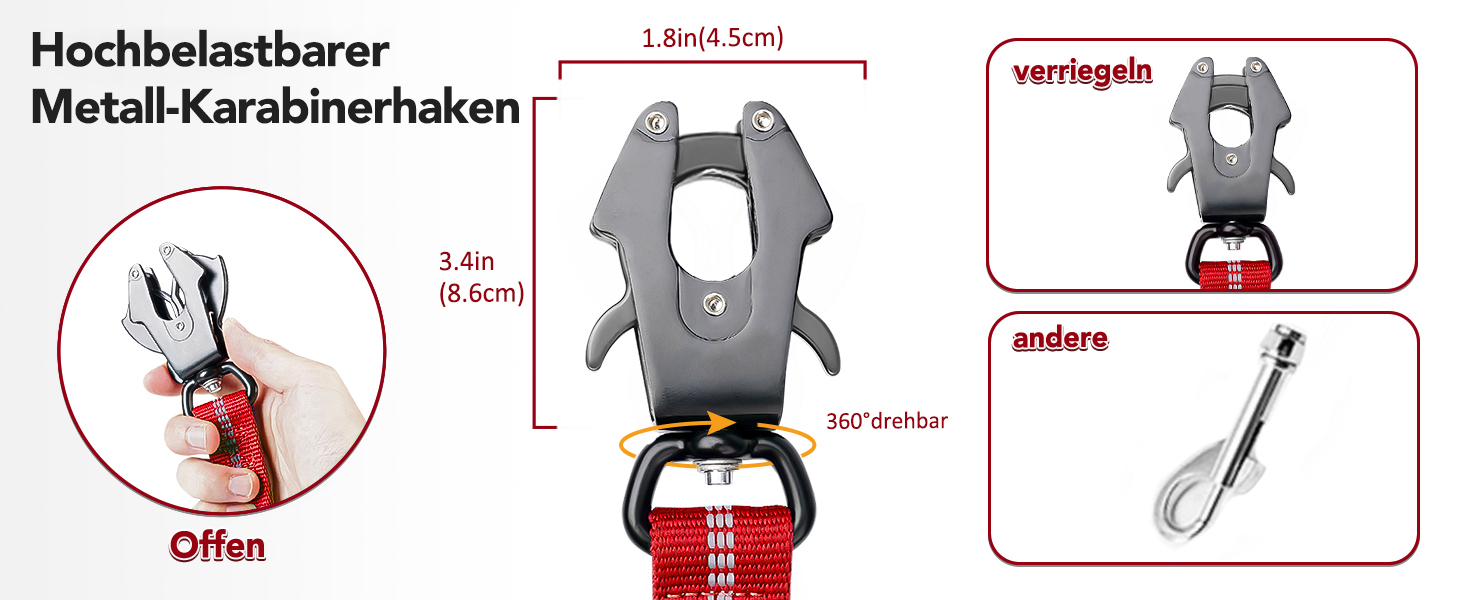 Тактична повідок для собак Joytale, еластична повідок з двома зручними ручками, страхувальний ремінь для автомобіля, повідок без ривка для собак середніх, великих та екстра-великих порід (1.2м-1.8м, червона)