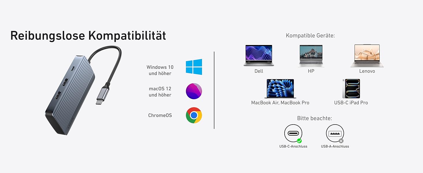 Хаб USB-C Anker 7-в-1: Док-станція з двома HDMI, 100W живлення, 10Gbit/s, USB для MacBook, Dell, iPad