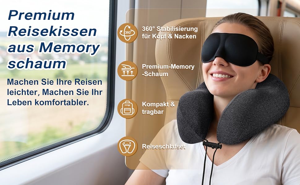 Подушка для подорожей Kobete з ефектом пам'яті (Memory Foam) для шиї, набір для сну в літаку, авто та поїзді: з 3D-маскою, берушами та сумкою, чорна