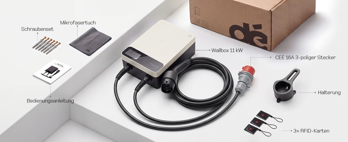 Wallbox 11 кВт з Wi-Fi та кабелем Type 2 7,5м, 3-фазне зарядне для електромобілів (BEV/PHEV), 6-16A, 400V, RCD Type A 30mA/DC 6mA, IP54, чорний. Зарядна станція для дому.