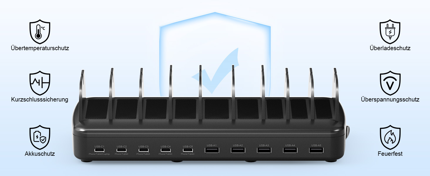 Зарядна станція COTOPS 65W на 10 портів для ноутбука, телефону, iPad, планшета. USB-C PD, з підставкою-органайзером, чорна