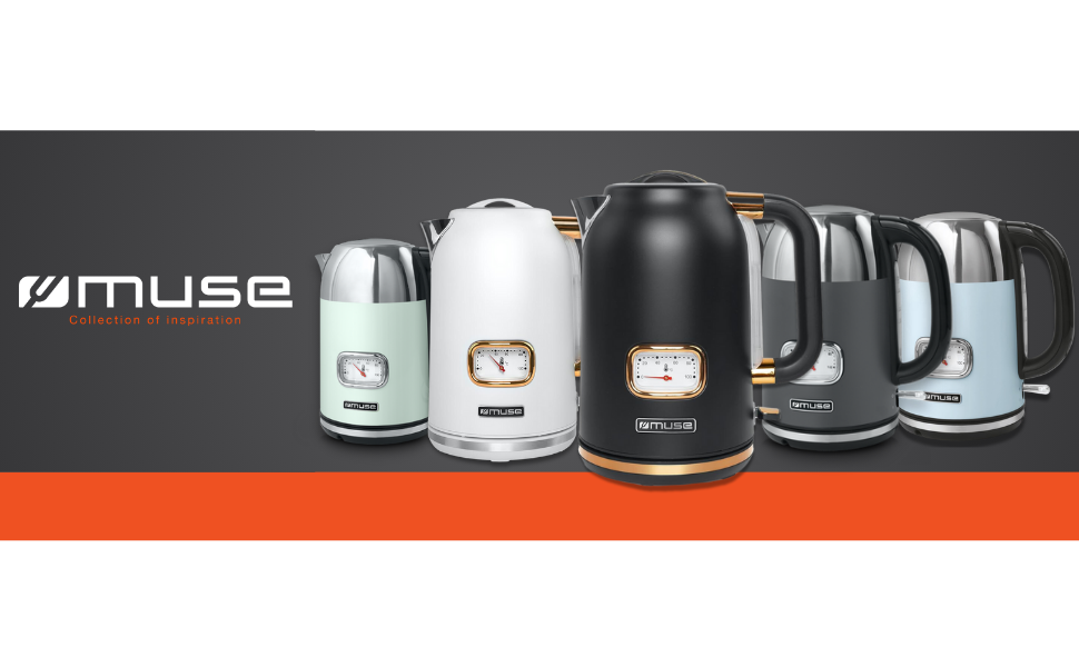 Чайник електричний зі сталі нержавіючої, ретро-дизайн, з аналоговим термометром, фільтром, прозорою шкалою, об'єм 1,7 л, автоматичне вимкнення, матовий чорно-золотий (MS-030 BC)