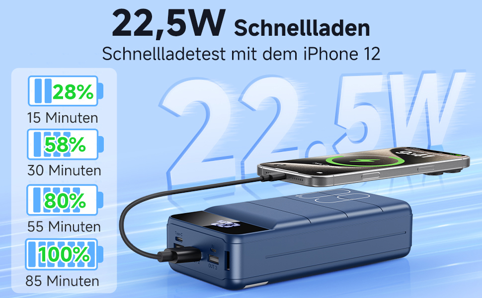 Power Bank 60000mAh 22,5W USB-C: Зовнішній акумулятор для смартфонів, планшетів, блакитний