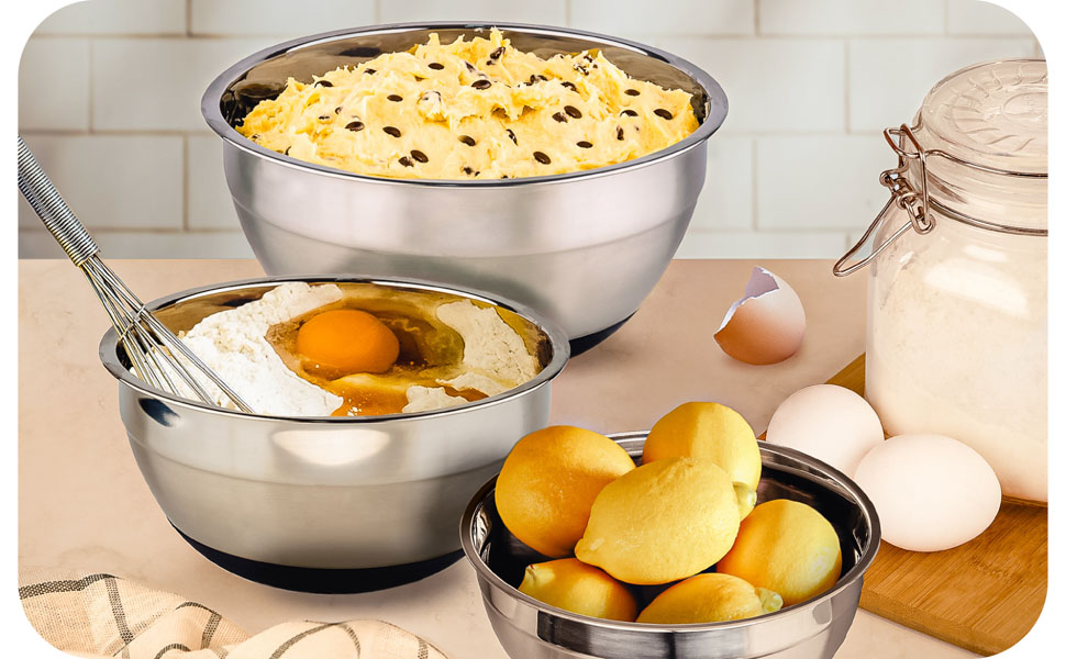 Набір з 3 нержавіючих мисок з кришкою Praknu - великі, з антиковзним покриттям, герметичні, з мірною шкалою, економні