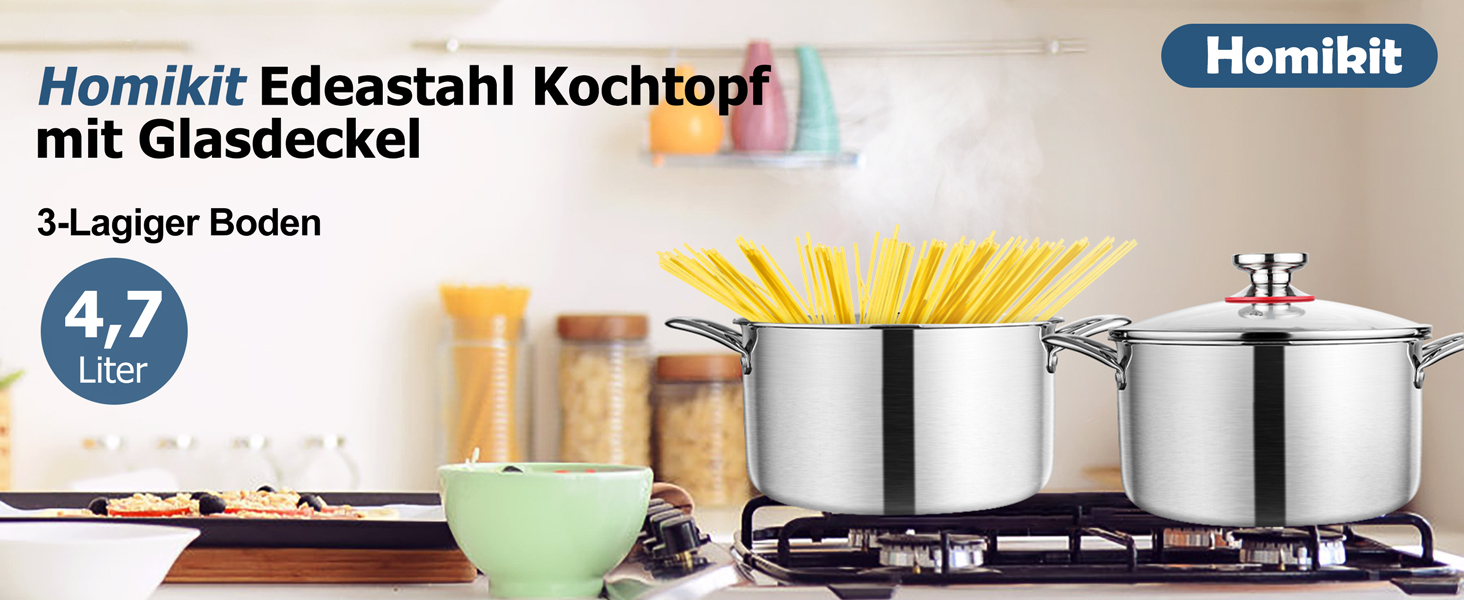 Каструля Homikit 20 см з нержавіючої сталі, 3-шарова, з кришкою з термостійкого скла, об'єм 3,3 л. Підходить для приготування супів, пасти, м'яса. Для всіх типів плит, не має покриття, безпечна, можна мити в посудомийній машині.