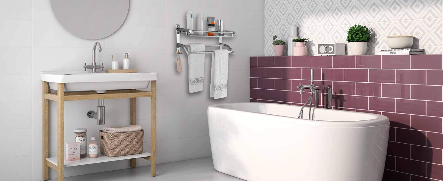 Тримач для рушників з полицею та гачками, хром, нержавіюча сталь, 59 см, для ванної кімнати, кухні, туалету