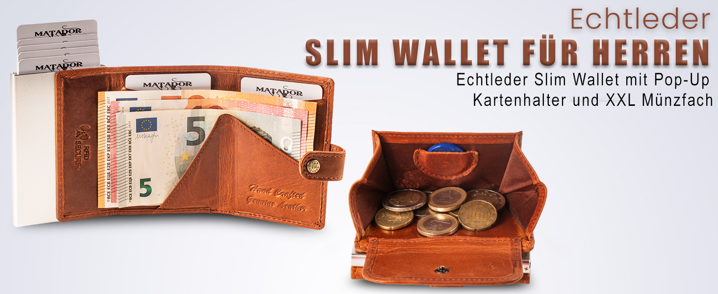 Гаманець Matador Slim Miami з RFID захистом, шкіряний, коричневий - мінімалістичний портмоне для чоловіків з поп-ап механізмом та відділенням для монет