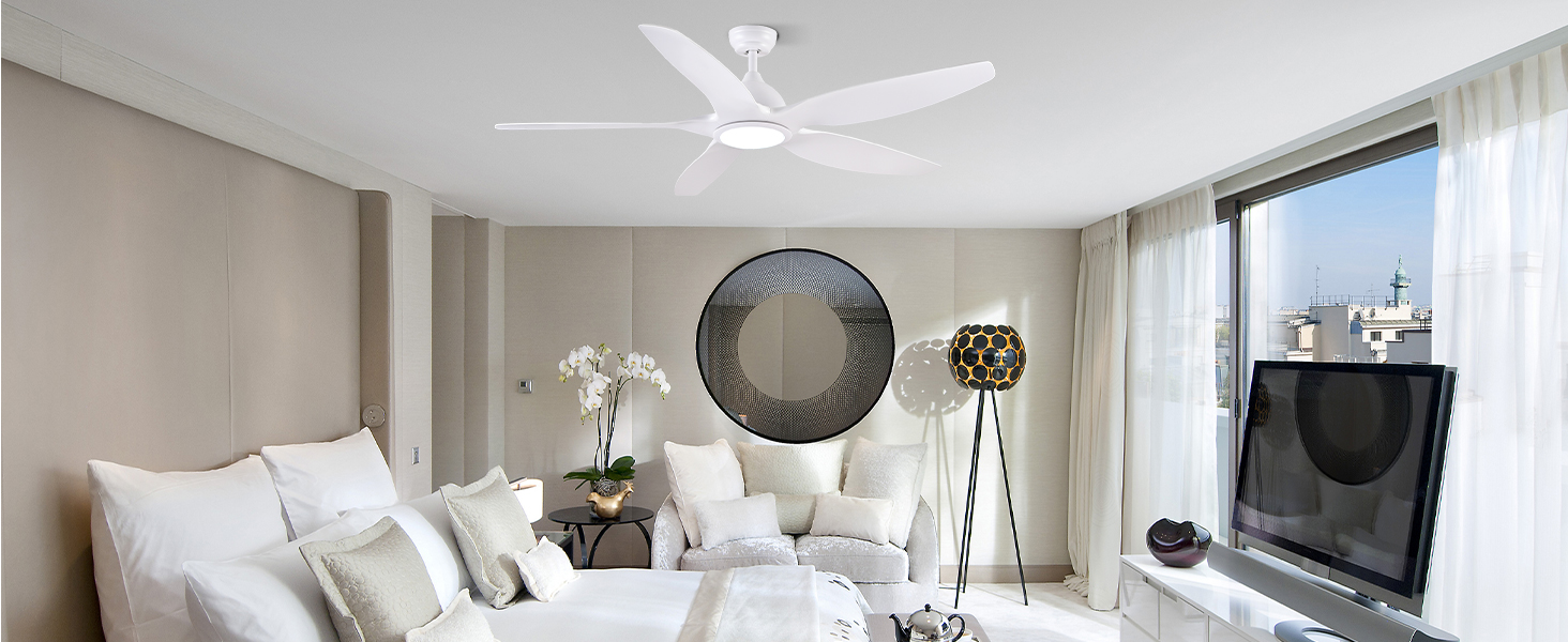 Стеляний вентилятор Newday 153 см, білий з підсвіткою та пультом керування. Безшумний вентилятор-лампа з 5 лопатями, DC мотор, реверсивний, з функцією пам'яті та плавним регулюванням яскравості світла.