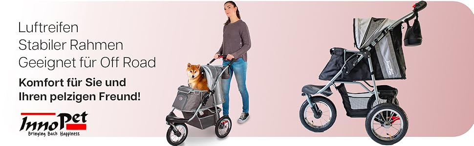 Візок для собак Innopet Comfort Air Eco чорного та срібного кольорів – візок для собак/кішок з колесами діаметром 30 см, складається в одну руку, підходить для лісових стежок – світловідбиваючі смуги, органайзер, перероблений нейлоновий матеріал