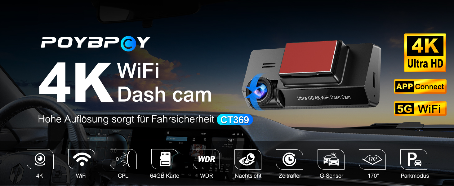 Відеореєстратор у машину 4K+1080P з CPL фільтром, 360°, WiFi, IPS 3.69