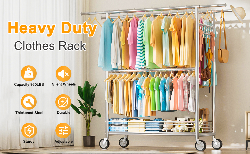 Вішалка для одягу Bomclap з міцним навантаженням, хромована, з колесами, висувна, 3 перекладини, 8 гачків, металева полиця, до 160 кг