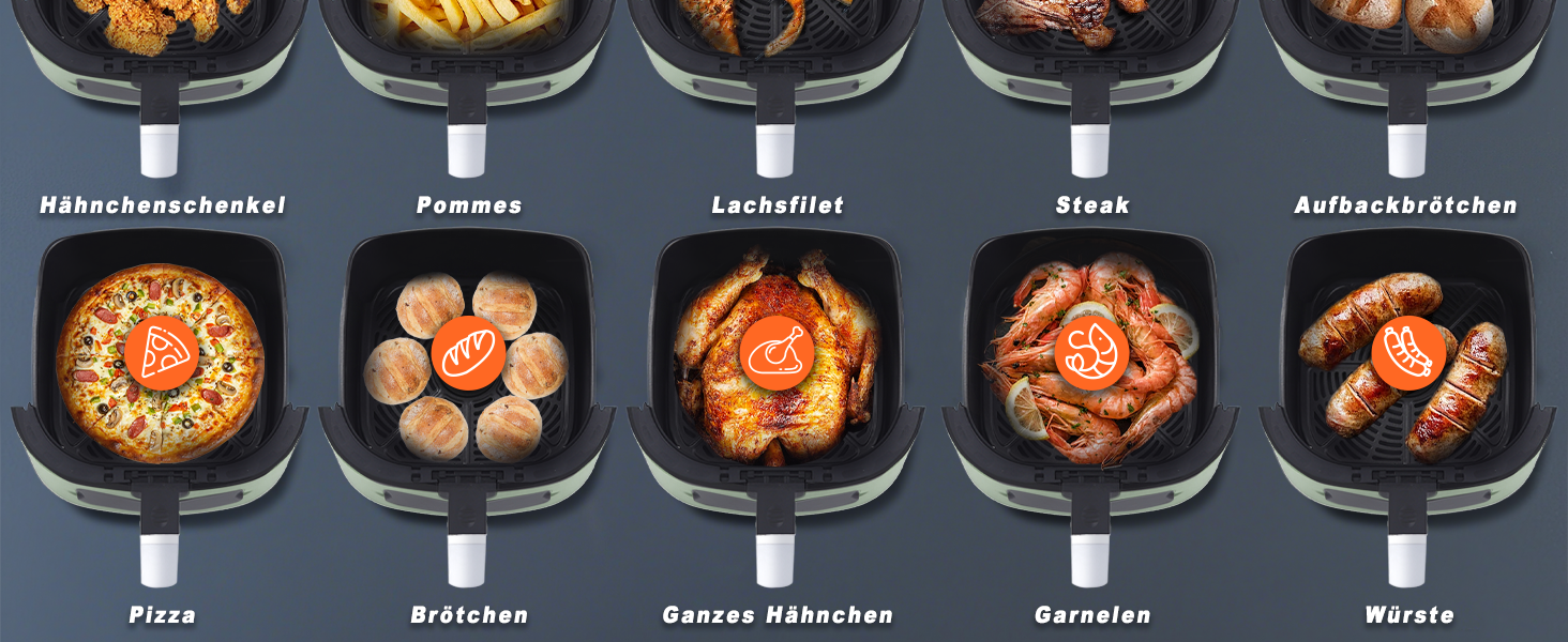 Фритюрниця повітряна 6л з окремим кошиком, прозорим вікном, 7 програм приготування, 11 функцій, тиха, легка чистка, таймер, сенсорний екран, 10 листів пергаментного паперу для сімейного використання (зелена)