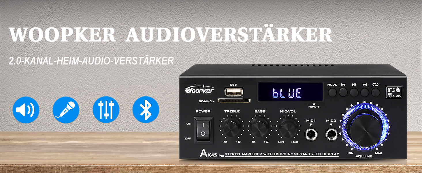 HiFi підсилювач WOOPKER AK45 Pro, 500 Вт, Bluetooth, 2-канальний, стерео, міні аудіо ресивер з FM-радіо, USB/SD/AUX/RCA/MIC входами, 12В/220В для колонок
