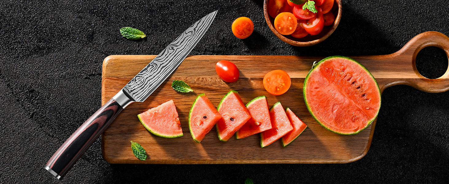 Ніж кухарський Sunnecko, ніж для риби професійний - ніж для м'яса з гострою клинком, ніж для розбору риби з нержавіючої сталі з ручкою з паккавуда в подарунковій коробці (13см універсальний ніж)