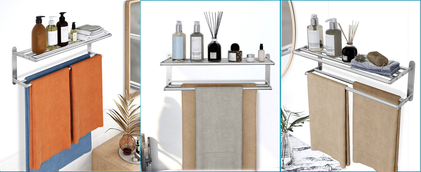 Тримач для рушників у ванну кімнату – 61 см, полиця для рушників з подвійною перекладиною, нікельована сталь, кріплення на стіну, 2-ярусний, для ванної кімнати та туалету