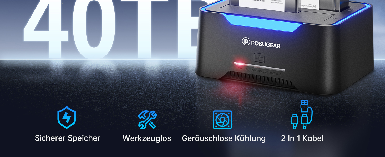 Док-станція для жорстких дисків POSUGEAR RGB USB 3.0 з підтримкою 2.5/3.5 SATA HDD/SSD, 2 відсіки, Offline Clone, UASP