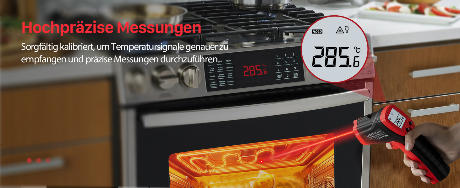 Інфрачервоний термометр Eventek -50°C до 600°C з лазером та LCD дисплеєм. Безконтактний термометр для піци, гриля, кухні та промисловості. Регульований коефіцієнт випромінювання (Не для людей). Червоний, діапазон -50°C ~ 500°C