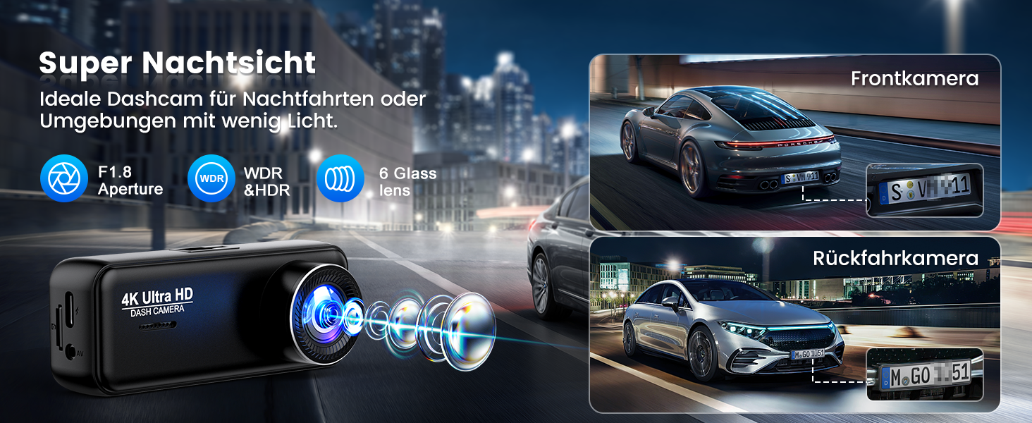 Відеореєстратор SIGRILL Dashcam Auto 4K+1080P з Wi-Fi, двоканальний, з карткою 64GB, нічне бачення, паркувальний режим, G-сенсор, запис по колу, підтримка до 256GB