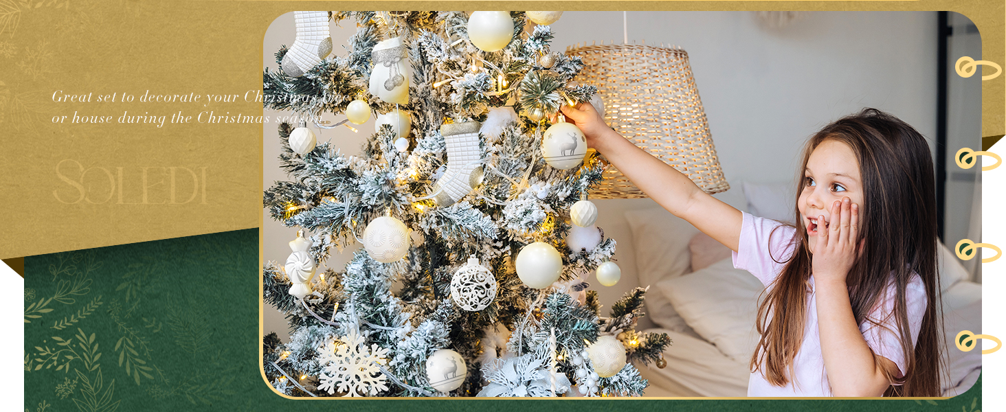 Набір ялинкових прикрас SOLEDI® 128 шт. Преміум якість, пластикові кулі білого кольору з зіркою на верхівку. Міцний та безпечний набір прикрас з петельками. Різнокольорові ялинкові кулі, багаторазовий декор для Різдва.