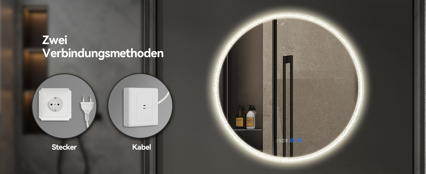 Дзеркало для ванної кімнати YOURLITE з підсвічуванням, 60 см, LED, сенсорне керування, 3 кольори, регулювання яскравості, протизапітніння, функція пам'яті, годинник, білий (сріблястий)