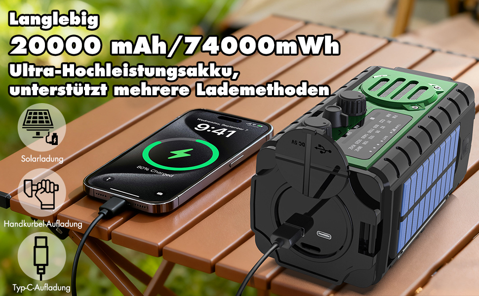 Сонячне радіо 20000mAh з ручним генератором, AM/FM, LED ліхтарик, SOS-сигнал, IPX6, для кемпінгу та подорожей (зелене)