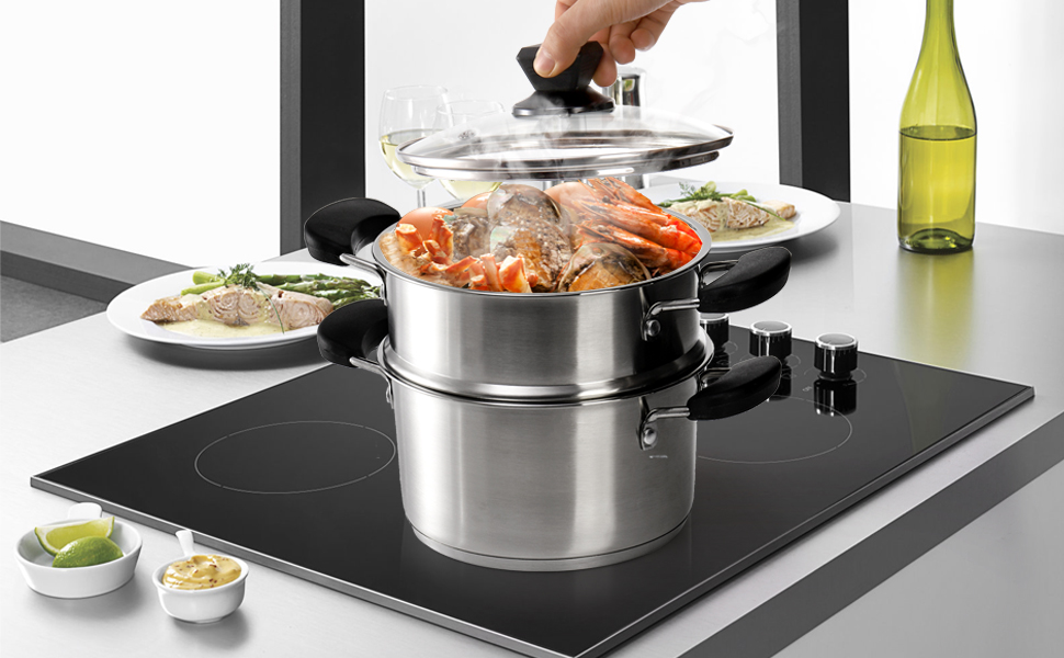 ZENFUN Stainless Steel Steamer Pot with Basket, 1.6 Liter Soup Pot with Glass Lid, Mini Steamer Cookware with Handle for Vegetables, Sauce for Stove, Induction, Gas, Electric, Grill