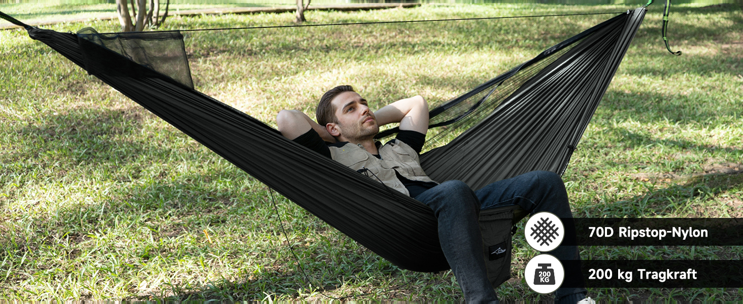 Гамак для кемпінгу з москітною сіткою та відтяжкою, великий на 2 особи, 290 x 140 см, легкий, для відпочинку на природі, походів, подорожей та рюкзаків, армійний зелений (чорний)