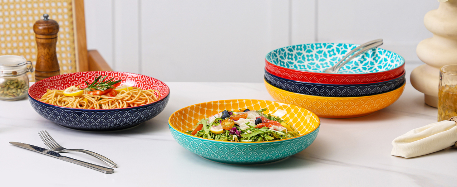 Набір глибоких тарілок DOWAN (4 шт.) Ø 25,2 см, кераміка, 1480 мл. Ідеально для супу, пасти, салату. Яскраві кольори.