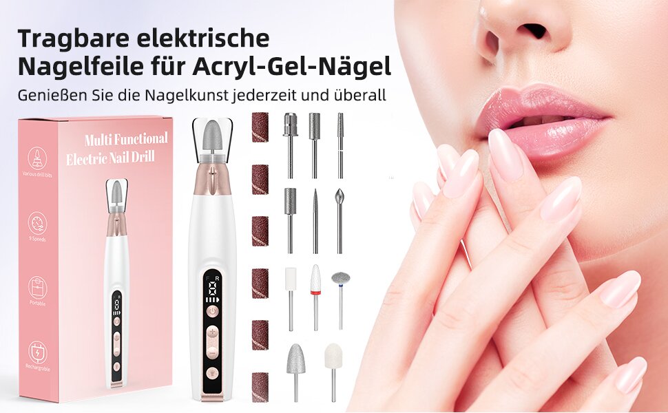 Електричний набір для манікюру та педикюру Nagelfräser: 11 насадок, 9 швидкостей, до 10000 об/хв