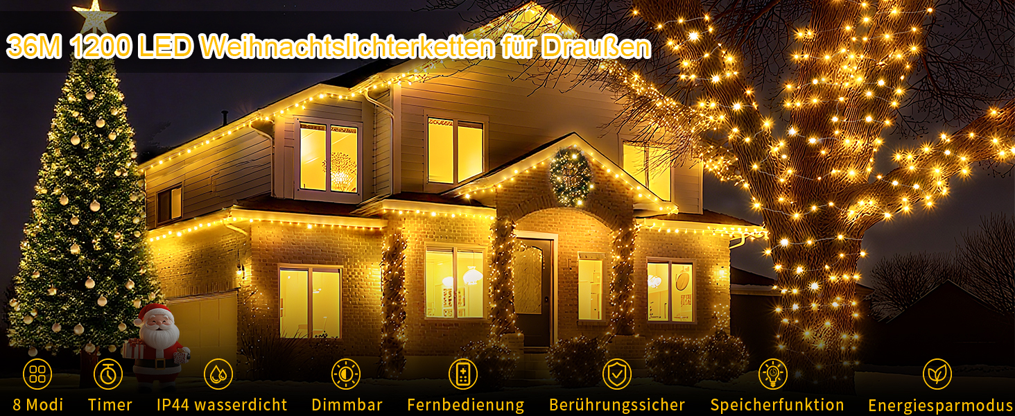 Льо́хка гірлянда JXLEDAYY 1200 LED, 36 м, для вулиці, 8 режимів, таймер, пульт, тепле світло, водонепроникна, для балкона, двору, саду, вечірки, весілля