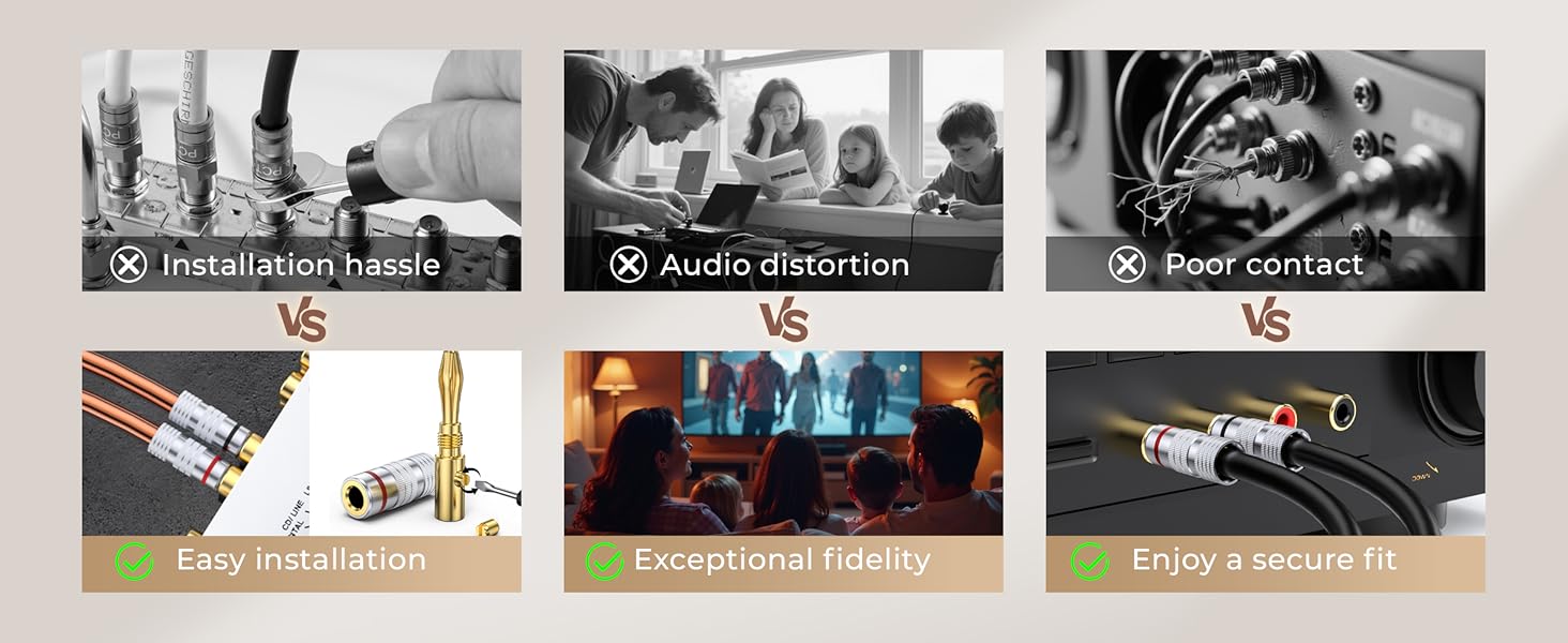 MOSWAG Бананові конектори для акустичних кабелів 4 шт. (2 пари), 24K позолота, для акустичних систем, AV-ресиверів, домашнього кінотеатру (підходить для кабелів діаметром до 4.5 мм)