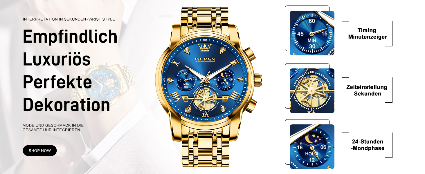 Годинник чоловічий OLEVS з металевим ремінцем, кварцовий, з місячною фазою, хронограф, водостійкий (2856 Blue / Gold)