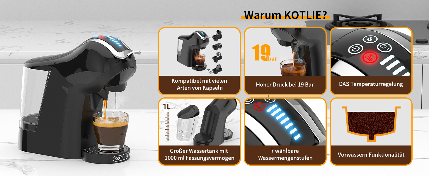 Кавомашина KOTLIE 5-в-1 для капсул, меленої кави та ESE (44 мм), чорна (EM-308A)
