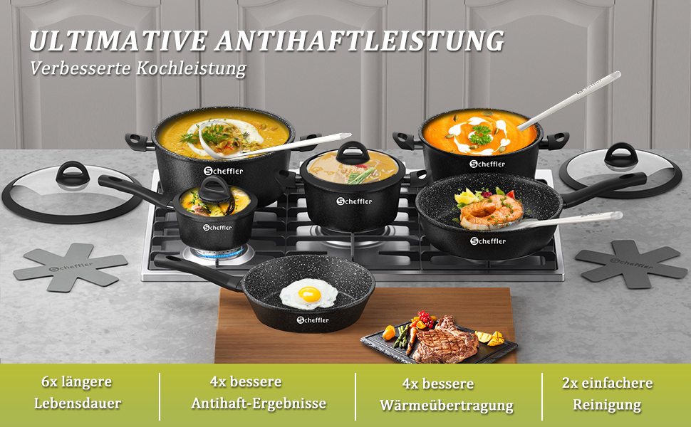 Набір каструль та сковорідок Scheffler 15tlg з антипригарним покриттям для індукційних плит, чорний (HL-21PS102)