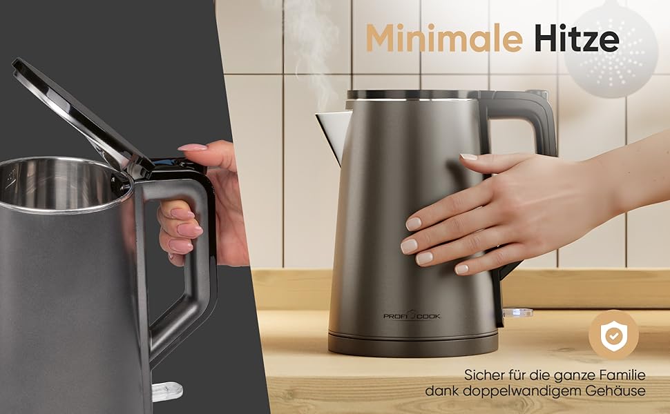 Електричний чайник ProfiCook PC WK 1290: 1,5 л, 2200W, подвійні стінки, нержавіюча сталь, збірна база з обмоткою кабелю