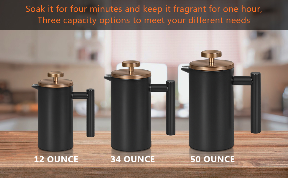 French Press MaxMiuly: Френч-прес для кави, 0.65 л, 3 чашки, нержавіюча сталь, термоізольований, чорний
