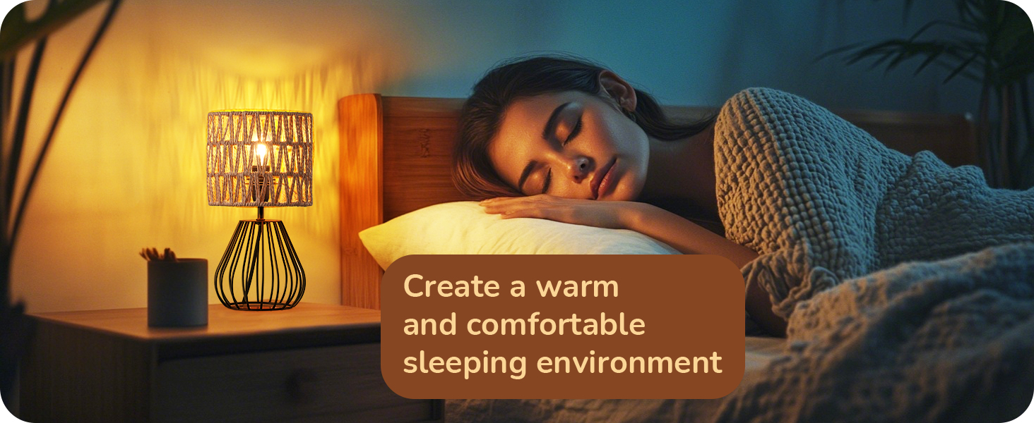 EDISHINE Настільна лампа, сучасний індустріальний дизайн, цоколь E14, вінтажний стиль, для спальні, вітальні, бежево-чорний колір (ротанг + чорний)