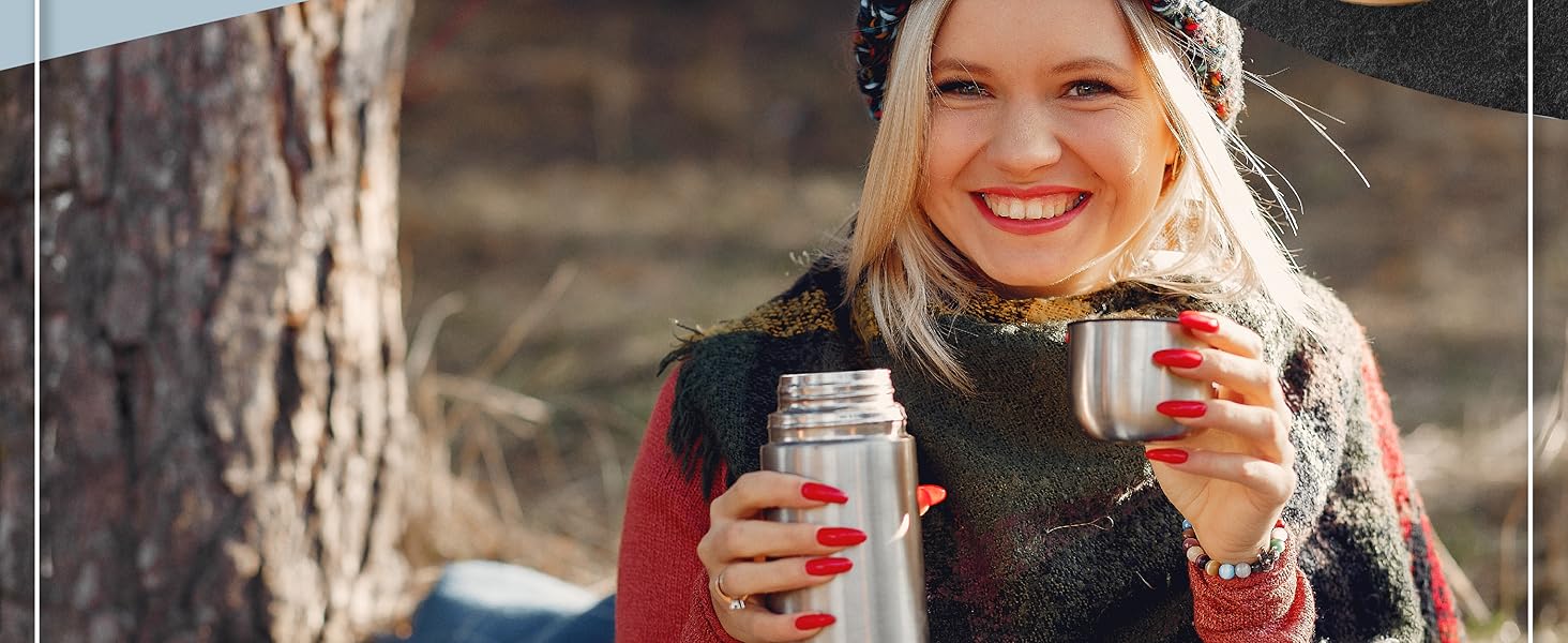 Термос з нержавіючої сталі з чашкою та щіткою; термос-каструля з подвійними стінками; не протікає, придатний для миття в посудомийній машині & BPA-free + щітка для чищення; зберігає напої гарячими та холодними (Чорний - 1000 мл)