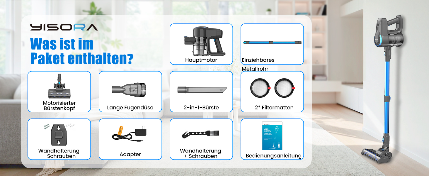 Бездротовий акумуляторний пилосос 25000Pa, 175W, 50хв, з антизаплутувальною насадкою та самостійним паркуванням, легкий ручний пилосос для прибирання килимів, твердих підлог та шерсті тварин, блакитний