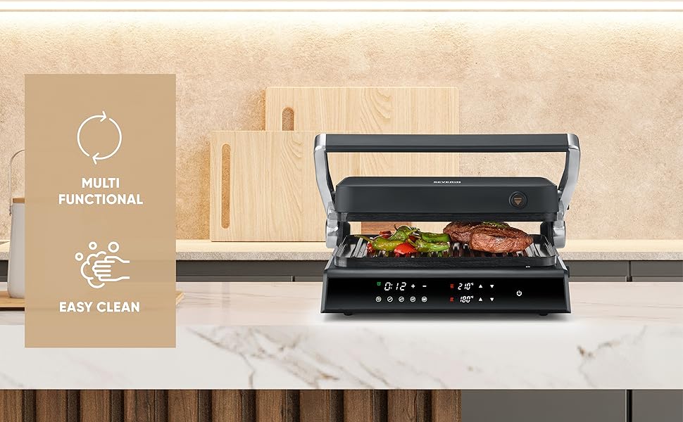Електрогриль SEVERIN Comfort KG 2399 для м'яса, риби та овочів, цифровий сендвіч-мейкер з керамічним покриттям, 5 авто програм, до 230°C, 1800 Вт, чорний, для здорового грилю без жиру