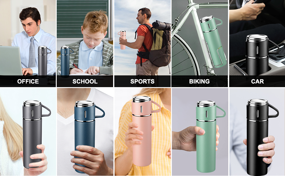 Stainless Steel Thermos Flask with Cup and Handle - 500ml Insulated Travel Mug, Leak-Proof, Double-Walled, Vacuum Insulated, Hot/Cold for Kids, Sports (Black)
