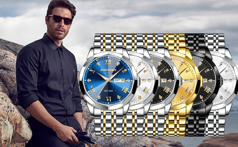 Годинник чоловічий PINDOWS Luxus Quarz з датою, великим циферблатом, водонепроникний, модний, бізнес-стиль. Елегантний двоколірний годинник з нержавіючої сталі з підсвічуванням та календарем. Срібний браслет, синє циферблат De650n3
