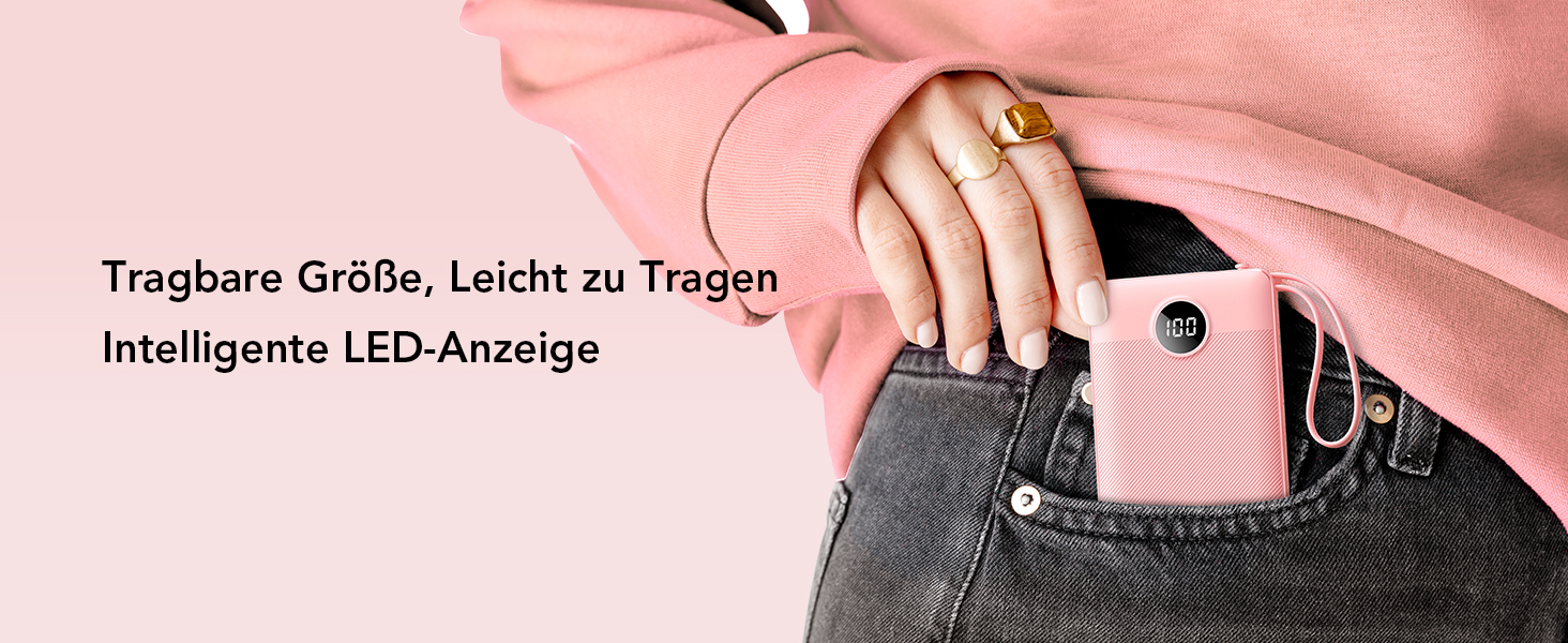 Powerbank VRURC 10000mAh з кабелем: портативний зарядний пристрій USB-C з LED дисплеєм та 5 виходами для iPhone, Huawei, Samsung та інших смартфонів - Рожевий