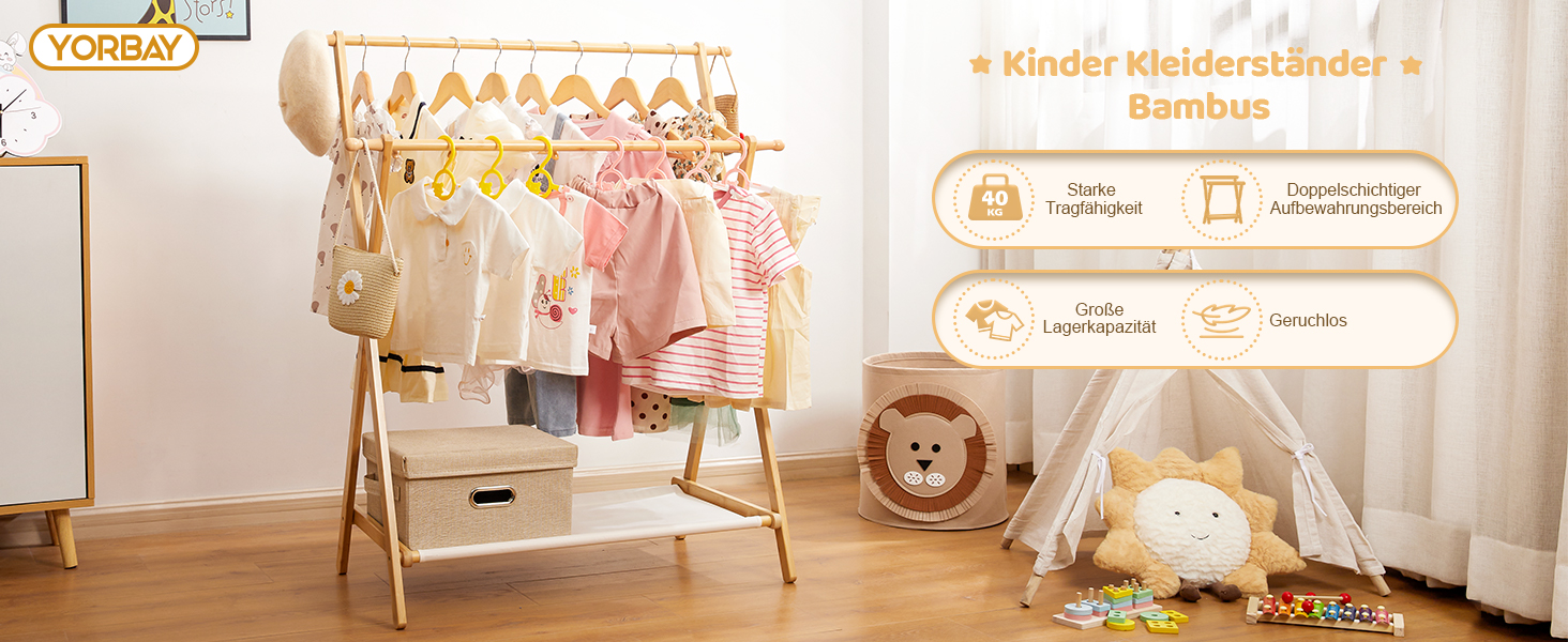 Дитяча вішалка для одягу Yorbay з бамбука, регульована подвійна штанга, з полицями для зберігання, економія місця, натуральний колір