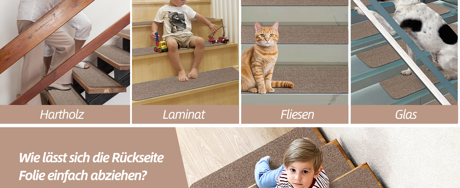 Компактні килимки для сходів COSY HOMEER, 15 шт., 70x22 см, самоклеючі, машинне прання, 100% поліестер, TPE-підкладка, безпека для дітей та домашніх тварин, бежевий колір